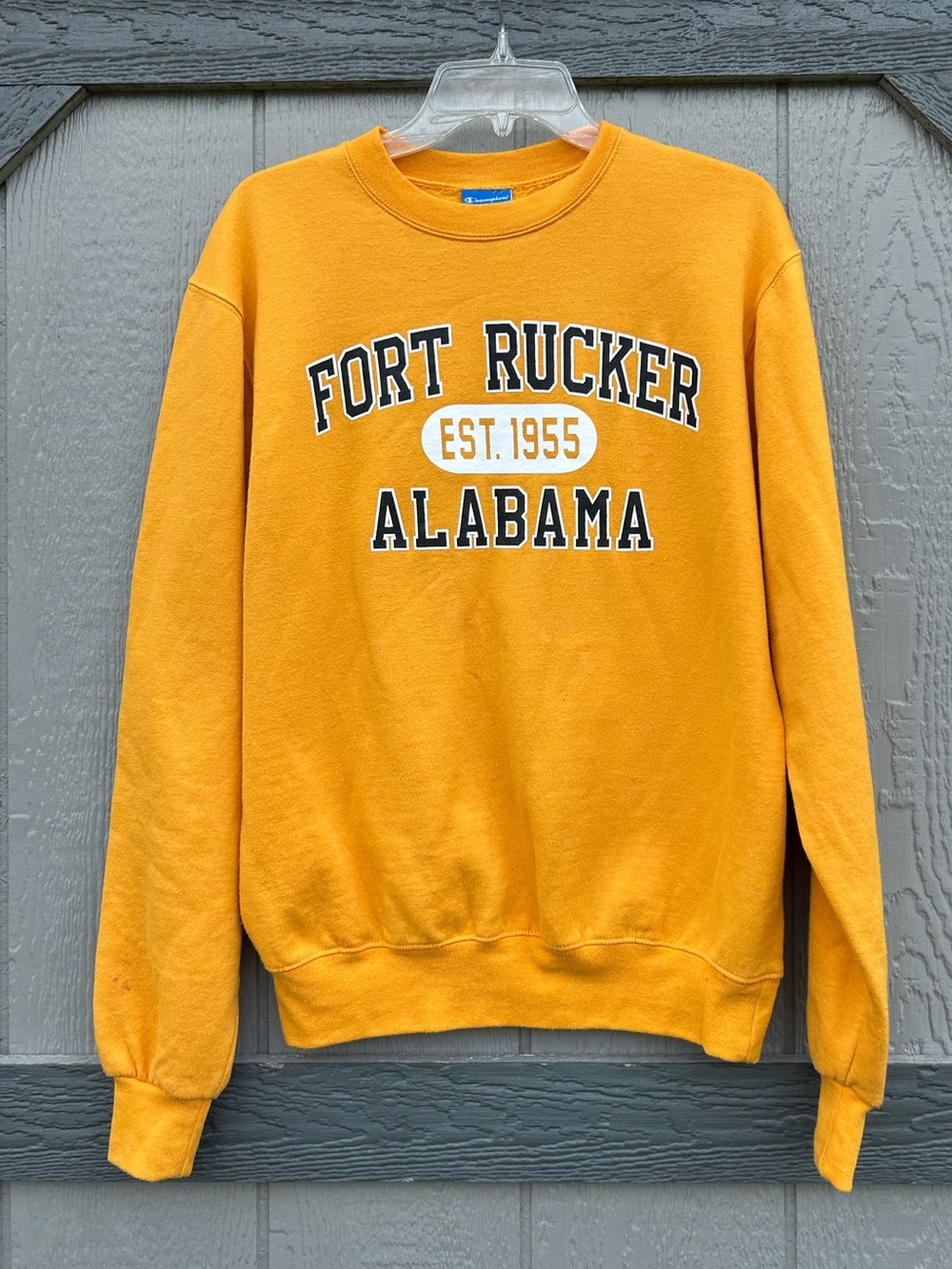Vintage Fort Rucker Alabama Sweatshirt Medium Yellow Collegiate Graphic Est. 195